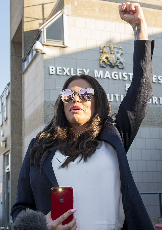 Price punched the air as she emerged from Bexley Magistrates Court today having been given a three month driving ban