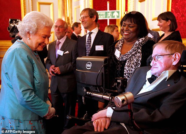 Britains Queen Elizabeth II L meets British astrophysicist Stephen Hawking R a