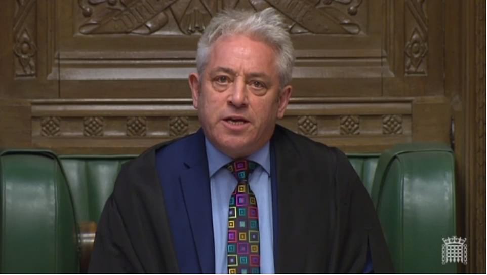 Commons Speaker John Bercow gave a last minute statement to the Commons today on Mrs Mays Brexit deal and effectively blocked a new vote