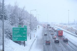 Snow and sleet was seen on the N7 in Dublin today as Storm Freya hit Ireland and cause widespread traffic disruptions